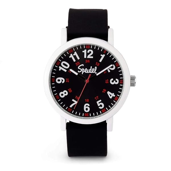 Speidel Original Scrub Watch – Colores médicos, esfera fácil de leer, segunda mano, resistente al agua, Negro con funda blanca.