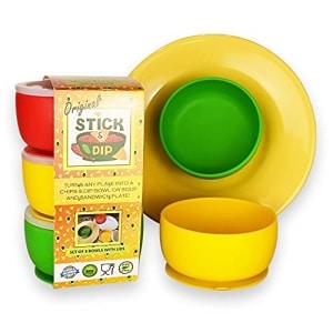 Stick & Dip Salsa Bol (juego de 3) – Colores de luz de paso para taco Party Dipping Salsa Cuencos con tapas – Cuencos de silicona suave y flexible con ventosa inferior para salsa o salsas – Sin PVC y BPA, 16 onzas