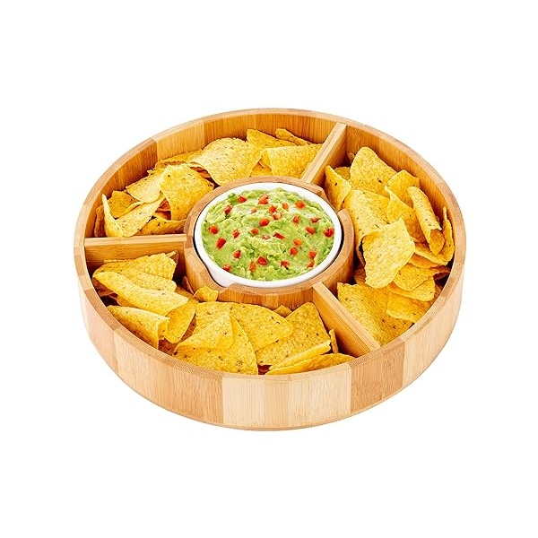 Strova - Juego de platos de bambú orgánico de 12 pulgadas con tazón de cerámica para servir, tazón redondo para aperitivos para uso en eventos, salsa, taco chip, guacamole, y bandeja para servir aperitivos - Image 3