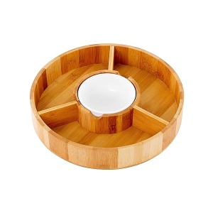 Strova - Juego de platos de bambú orgánico de 12 pulgadas con tazón de cerámica para servir, tazón redondo para aperitivos para uso en eventos, salsa, taco chip, guacamole, y bandeja para servir aperitivos