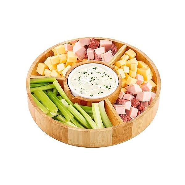 Strova - Juego de platos de bambú orgánico de 12 pulgadas con tazón de cerámica para servir, tazón redondo para aperitivos para uso en eventos, salsa, taco chip, guacamole, y bandeja para servir aperitivos - Image 5