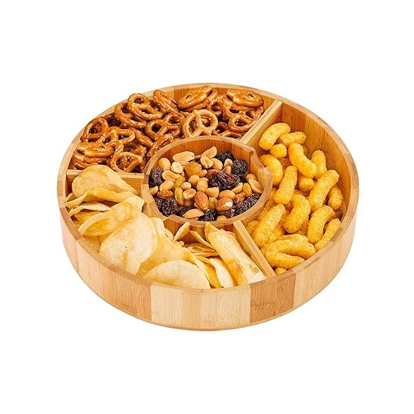 Strova - Juego de platos de bambú orgánico de 12 pulgadas con tazón de cerámica para servir, tazón redondo para aperitivos para uso en eventos, salsa, taco chip, guacamole, y bandeja para servir aperitivos - Image 6