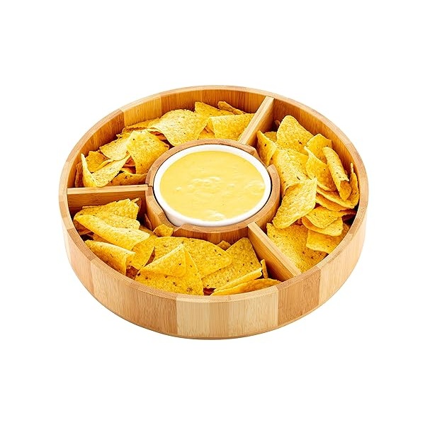 Strova - Juego de platos de bambú orgánico de 12 pulgadas con tazón de cerámica para servir, tazón redondo para aperitivos para uso en eventos, salsa, taco chip, guacamole, y bandeja para servir aperitivos - Image 7