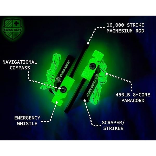 Swiss Safe - Herramienta de supervivencia de arranque de fuego de magnesio 5 en 1, para pedernal y acero, brújula, paracord y silbato, kit de emergencia para mochileros, camping, senderismo, todo tipo - Image 5
