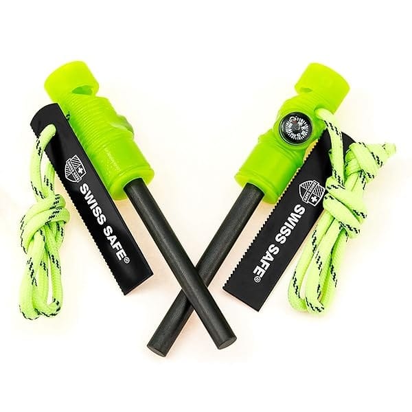 Swiss Safe - Herramienta de supervivencia de arranque de fuego de magnesio 5 en 1, para pedernal y acero, brújula, paracord y silbato, kit de emergencia para mochileros, camping, senderismo, todo tipo