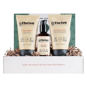 THRIVE Kit de cuidado de la piel natural para hombres y mujeres (3 piezas) – Set de regalo con exfoliante facial natural, loción facial de lavado e hidratante, ingredientes orgánicos y naturales, fabricado en Estados Unidos, vegano y libre de crueldad
