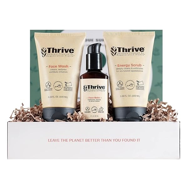 THRIVE Kit de cuidado de la piel natural para hombres y mujeres (3 piezas) – Set de regalo con exfoliante facial natural, loción facial de lavado e hidratante, ingredientes orgánicos y naturales, fabricado en Estados Unidos, vegano y libre de crueldad