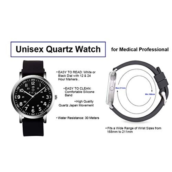 TICCI Reloj de cuarzo médico, unisex, con números arábigos, esfera de fácil lectura, correa de silicona, resistente al agua, para estudiantes, médicos, enfermeras, Correa negra, esfera negra. - Image 3