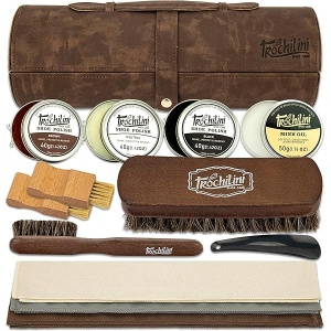 TROCHILINI Kit de brillo de zapatos, juego de 12 piezas con kit de pulidor de zapatos de piel, aceite de visón, cepillos y más para un cuidado suave y limpieza, Marrón, M