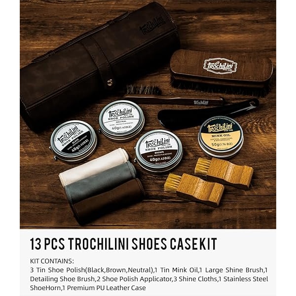 TROCHILINI Kit de brillo de zapatos, juego de 12 piezas con kit de pulidor de zapatos de piel, aceite de visón, cepillos y más para un cuidado suave y limpieza, Marrón, M - Image 7