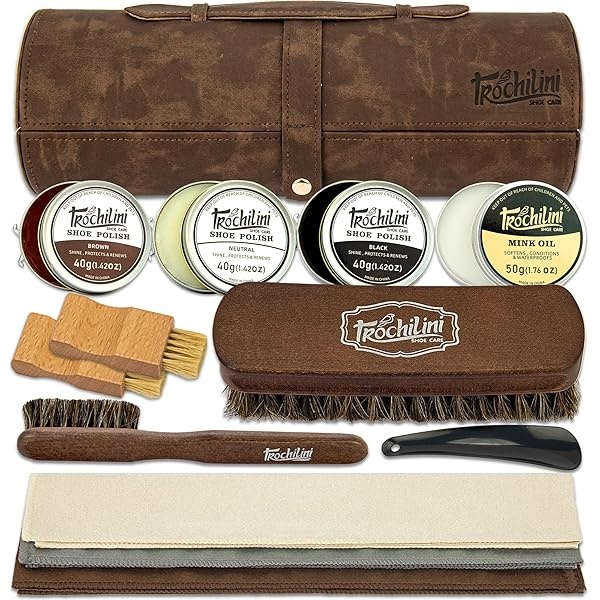 TROCHILINI Kit de brillo de zapatos, juego de 12 piezas con kit de pulidor de zapatos de piel, aceite de visón, cepillos y más para un cuidado suave y limpieza, Marrón, M