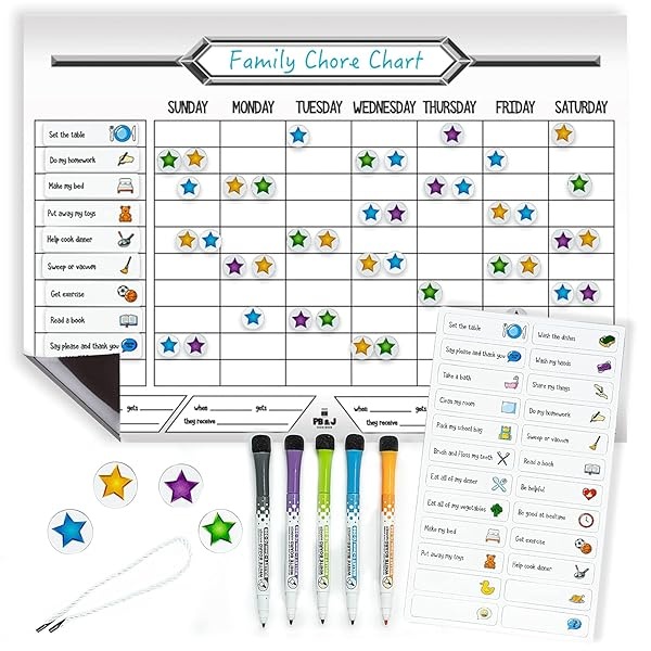 Tabla de tareas magnética para varios niños, 30 x 43 cm, borrado en seco que se limpia y limpia – Tabla de responsabilidades – Tabla de tareas para adolescentes con 5 marcadores, fácil de usar para nevera que los niños aman