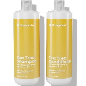 Tea Tree Oil Shampoo & Conditioner Set - with Manuka Honey, Stem Cell & Coconut - Dandruff & Hair Loss Treatment - Soothes Itchy Scalp & Hair Thickening - Paraben & Sulfate Free - Made in USA (16oz)