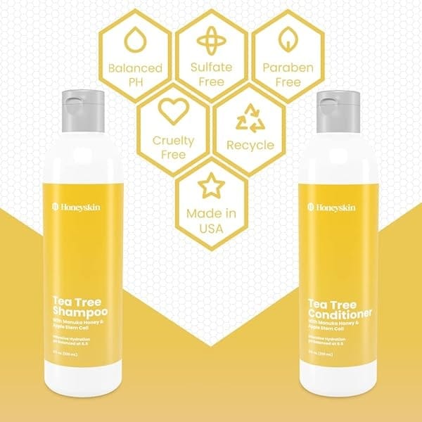Tea Tree Stem Cell Shampoo & Conditioner Set - with Manuka Honey and Coconut Oil - Dandruff & Hair Loss Treatment - Soothes Itchy Scalp & Hair Thickening - Paraben & Sulfate Free - Made in USA (8oz) - Image 6