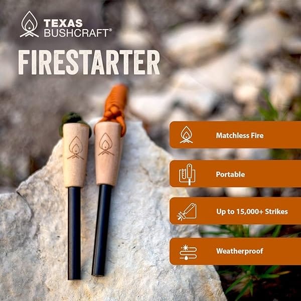 Texas Bushcraft Fire Starter – Varilla de ferro de 0,95 cm de grosor con cordón para muñeca de paracaídas – Impermeable Flint Fire Steel Encendedor de supervivencia para tu equipo de camping, senderismo y mochila - Image 5