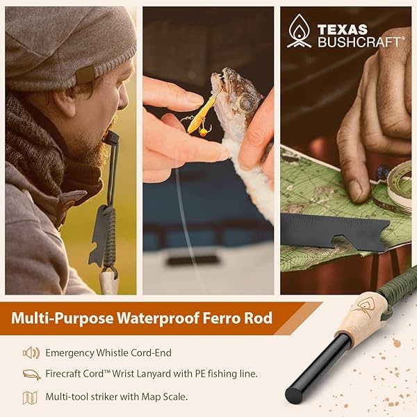 Texas Bushcraft Fire Starter – Varilla de ferro de 0,95 cm de grosor con cordón para muñeca de paracaídas – Impermeable Flint Fire Steel Encendedor de supervivencia para tu equipo de camping, senderismo y mochila - Image 7