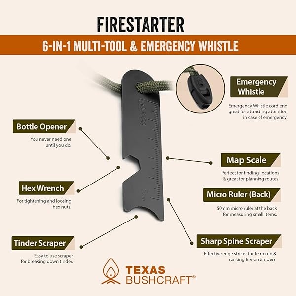 Texas Bushcraft Fire Starter – Varilla de ferro de 0,95 cm de grosor con cordón para muñeca de paracaídas – Impermeable Flint Fire Steel Encendedor de supervivencia para tu equipo de camping, senderismo y mochila - Image 8