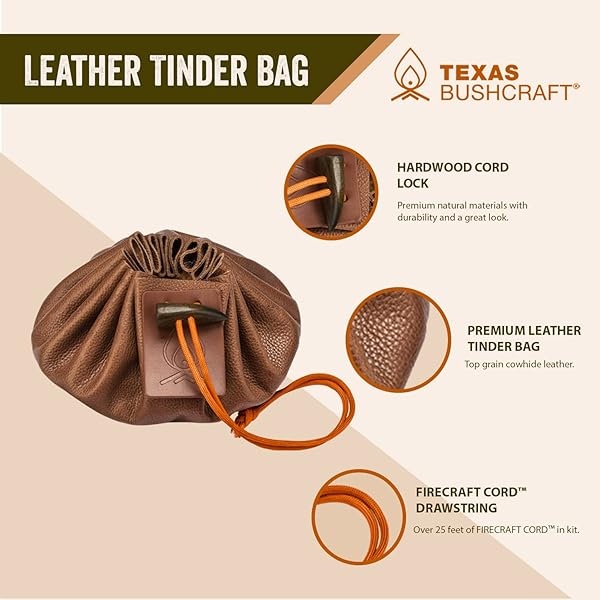 Texas Bushcraft - Kit de supervivencia para iniciación de incendios - Acero ferro Rod Flint Fire Steel, herramienta de golpeador | Bolsa de piel vacuna | Pulsera paracord de emergencia para acampar - Image 6