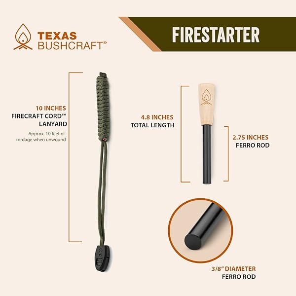 Texas Bushcraft - Kit de supervivencia para iniciación de incendios - Acero ferro Rod Flint Fire Steel, herramienta de golpeador | Bolsa de piel vacuna | Pulsera paracord de emergencia para acampar - Image 7