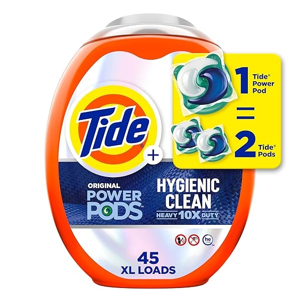 Tide Hygienic Clean Heavy 10x Duty Power PODS Laundry Detergent Pacs, Original, 45 count, For Visible and Invisible Dirt