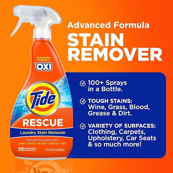 Tide Quitamanchas para la ropa con oxi, ropa de rescate, tapicería, alfombras y más de Tough Stains (21.5 onzas líquidas, paquete de 2) - Image 3