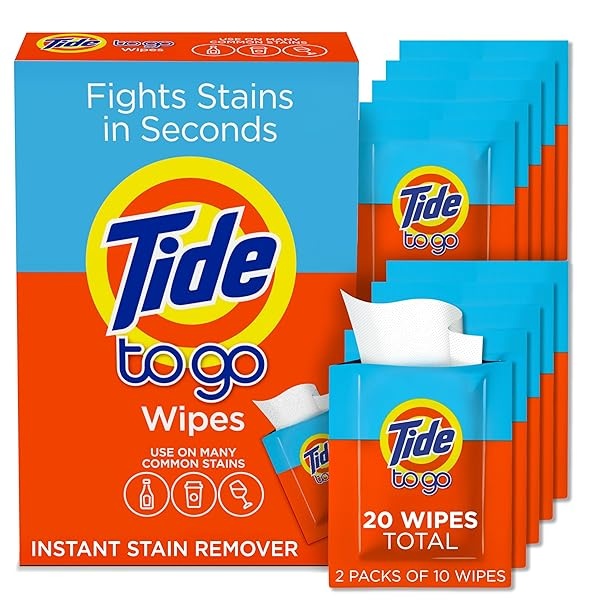 Tide to Go Instant Stain Removing Wipes, 10 Count Wipes (Pack of 2)
