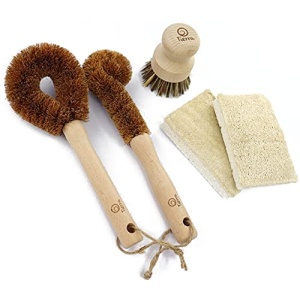 Tierra Juego de brochas de madera ecológicas y esponjas de limpieza – 5 piezas – 100% biodegradable y sostenible