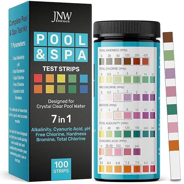 Tiras de prueba de piscina de 7 vías, 100 tiras de prueba rápidas y precisas para piscina y spa, kit de prueba de agua para piscina, cloro, bromo, pH, dureza, alcalinidad, pruebas de agua para