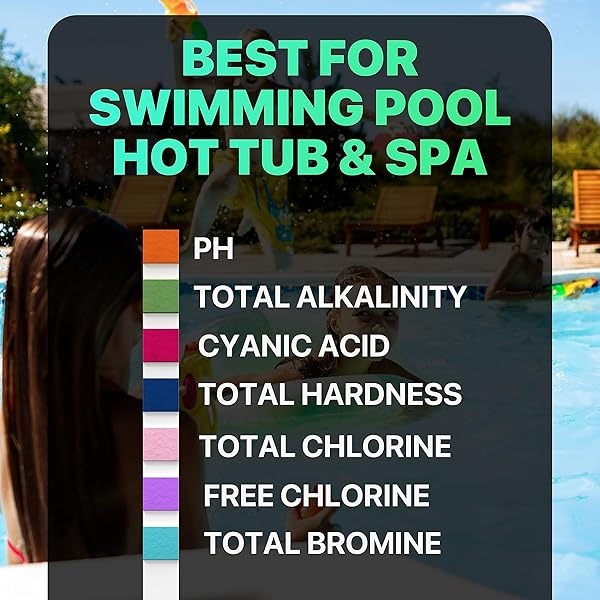 Tiras de prueba de piscina y spa, kit de prueba de piscina 7 en 1, tiras de prueba de tina de hidromasaje rápidas y precisas, 100 tiras de prueba de agua de piscina para pH, cloro, bromo, dureza alcalinidad, ácido cianúrico - Image 4