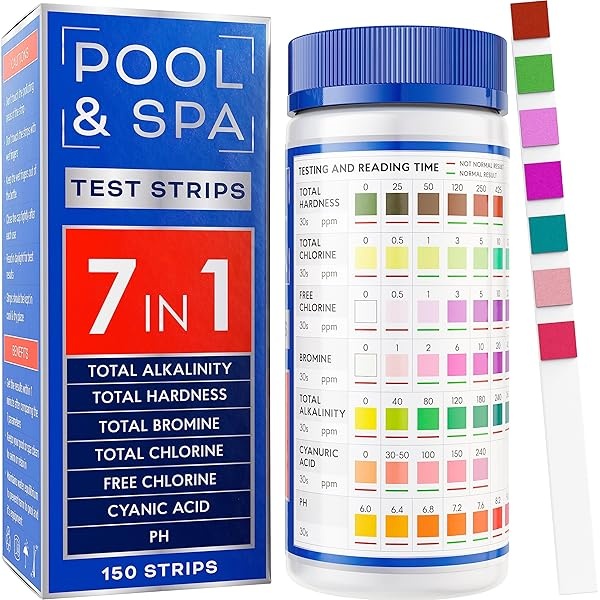 Tiras de prueba de piscina y spa, kit de prueba de piscina 7 en 1, tiras de prueba de tina de hidromasaje rápidas y precisas, 100 tiras de prueba de agua de piscina para pH, cloro, bromo, dureza alcalinidad, ácido cianúrico