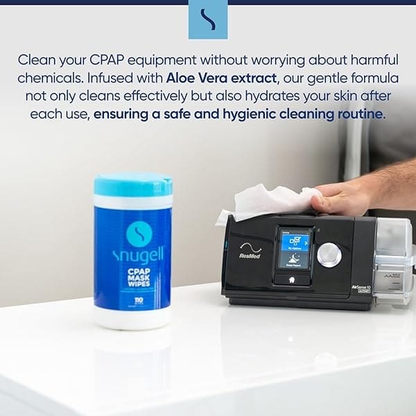 Toallitas CPAP para máscara de Snugell, 110 unidades, sin perfume, 100% algodón suave, sin pelusa y alcohol, seguro para la piel con aloe vera, recipiente de fácil apertura, máscara CPAP, tubo y dispositivos (1) - Image 4