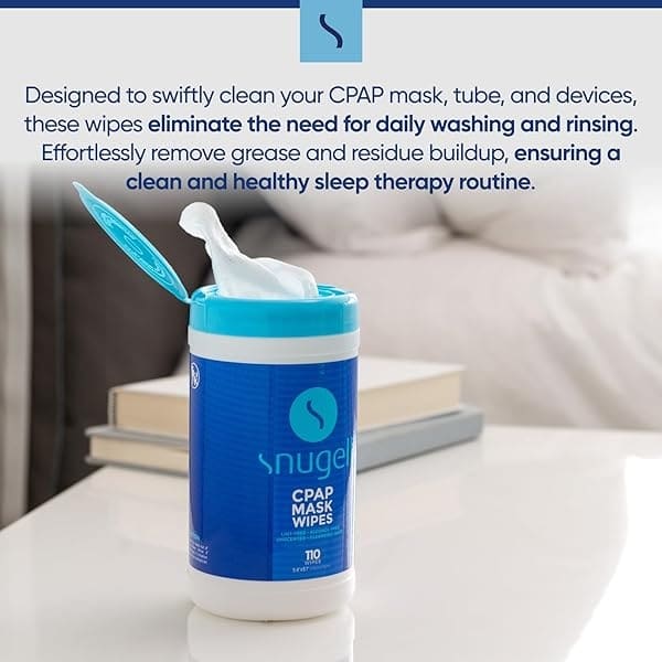 Toallitas CPAP para máscara de Snugell, 110 unidades, sin perfume, 100% algodón suave, sin pelusa y alcohol, seguro para la piel con aloe vera, recipiente de fácil apertura, máscara CPAP, tubo y dispositivos (1) - Image 7
