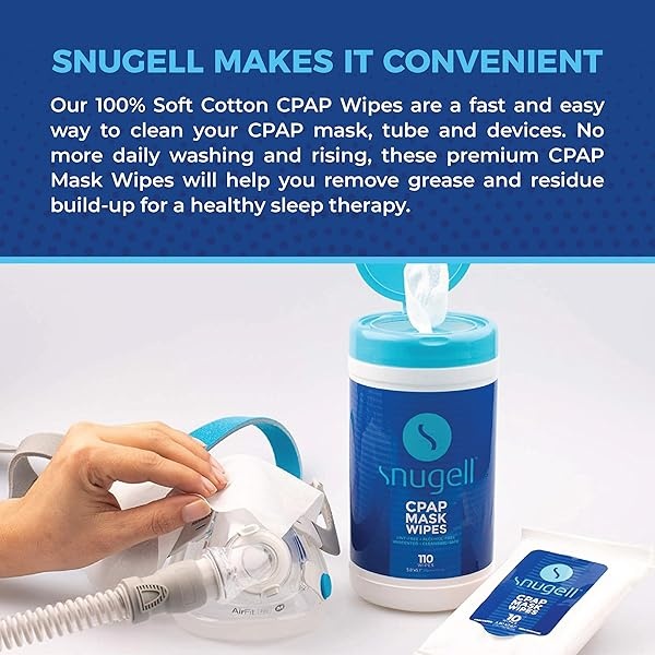 Toallitas CPAP para máscara de Snugell, 110 unidades, sin perfume, 100% algodón suave, sin pelusa y alcohol, seguro para la piel con aloe vera, recipiente de fácil apertura, máscara CPAP, tubo y dispositivos (1) - Image 9