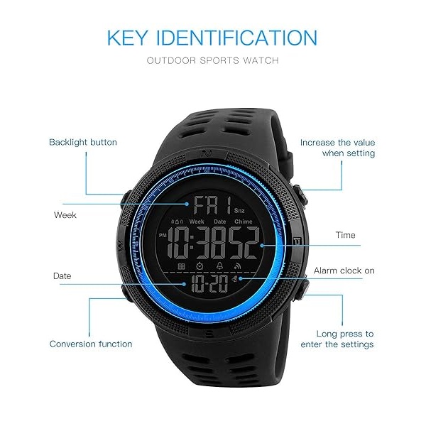 Tonnier - Reloj de pulsera para hombre, multifunción, digital, LED, militar, con doble hora, cronómetro, resistente al agua, para hombre con correa de poliuretano, Azul - Image 4