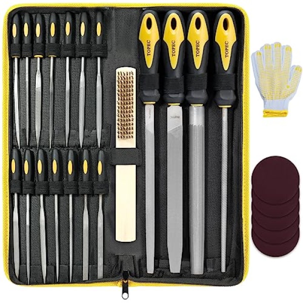 Topec 26Pcs Juego de limas, redondas y planas de acero al carbono, ideal para trabajos en madera, metal, modelismo y hobby.