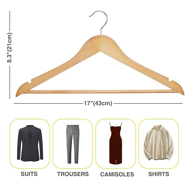 UINICOR Perchas de madera – 30 unidades – Perchas delgadas de madera para trajes, perchas de alta resistencia con muescas cortadas con precisión, perchas de madera, perchas de ropa para camisa, traje, vestido, natural - Image 8