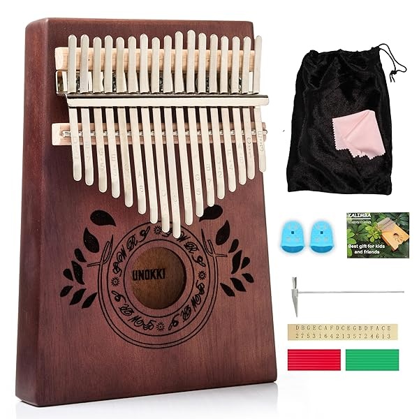 UNOKKI Kalimba - Piano de pulgar de 17 teclas, piano de caoba portátil con instrucciones, bolsa de transporte y martillo de afinación, reduce el estrés y promueve el bienestar, regalo para niños,