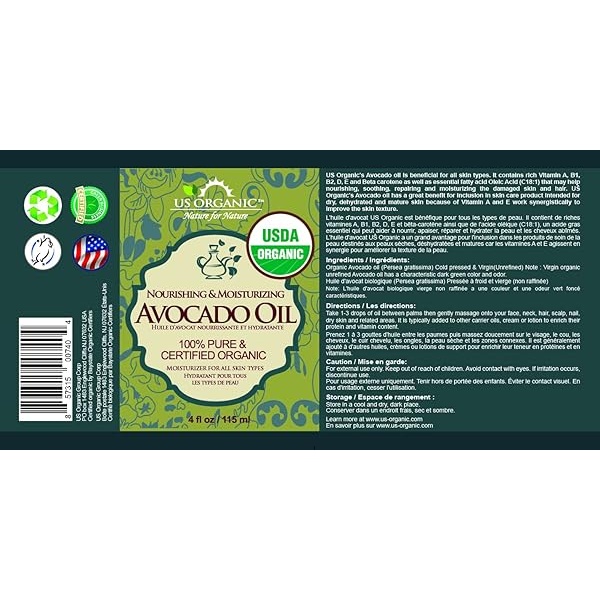 US Organic_Aceite de Aguacate Virgen, Sin Refinar, Certificado Orgánico por USDA, 100% Puro y Natural, Prensado en Frío, en Botella de Vidrio Ámbar con Cuentagotas para Fácil Aplicación (115 ml) - Image 3