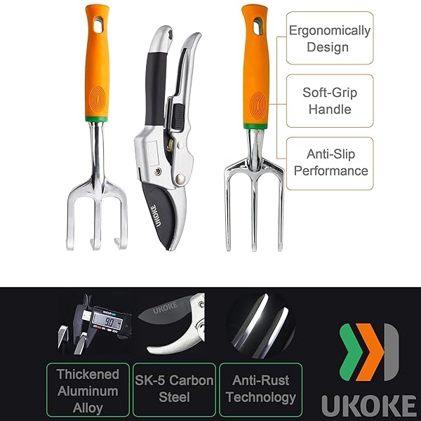 Ukoke UGP01G-7 Herramienta para exteriores, mango ergonómico de trabajo resistente, para mujeres y hombres, kit de 7 piezas, delantal de lona de jardín con bolsillo de almacenamiento, color naranja - Image 3