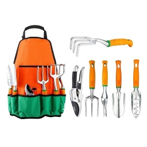 Ukoke UGP01G-7 Herramienta para exteriores, mango ergonómico de trabajo resistente, para mujeres y hombres, kit de 7 piezas, delantal de lona de jardín con bolsillo de almacenamiento, color naranja