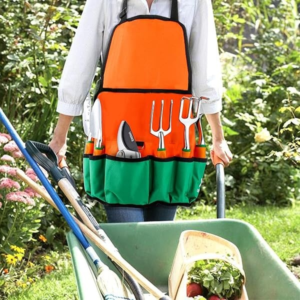 Ukoke UGP01G-7 Herramienta para exteriores, mango ergonómico de trabajo resistente, para mujeres y hombres, kit de 7 piezas, delantal de lona de jardín con bolsillo de almacenamiento, color naranja - Image 5