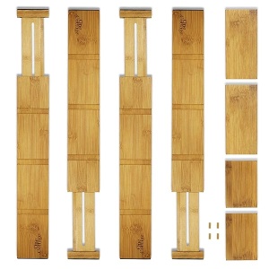 Un juego de organizador de cajones de madera ajustable con 4 piezas adicionales para utensilios de cocina y cubiertos, maquillaje de baño y artículos de cambiador y suministros de computadora de oficina, hace que sea el máximo de su almacenamiento.