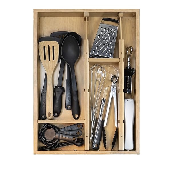 Un juego de organizador de cajones de madera ajustable con 4 piezas adicionales para utensilios de cocina y cubiertos, maquillaje de baño y artículos de cambiador y suministros de computadora de oficina, hace que sea el máximo de su almacenamiento. - Image 5