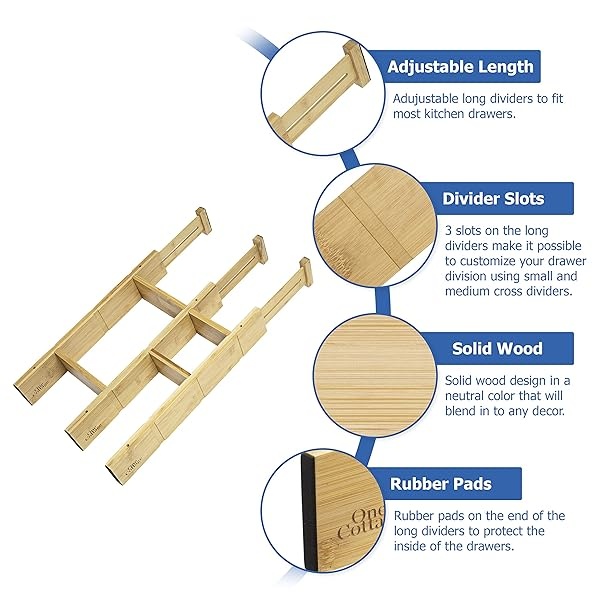 Un juego de organizador de cajones de madera ajustable con 4 piezas adicionales para utensilios de cocina y cubiertos, maquillaje de baño y artículos de cambiador y suministros de computadora de oficina, hace que sea el máximo de su almacenamiento. - Image 6
