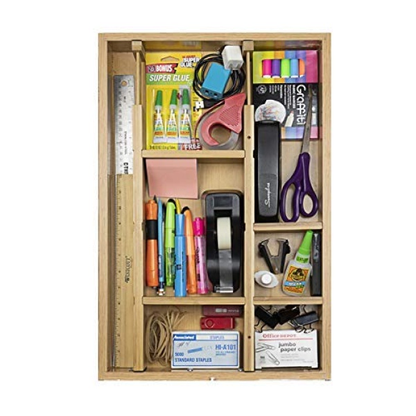 Un juego de organizador de cajones de madera ajustable con 4 piezas adicionales para utensilios de cocina y cubiertos, maquillaje de baño y artículos de cambiador y suministros de computadora de oficina, hace que sea el máximo de su almacenamiento. - Image 7