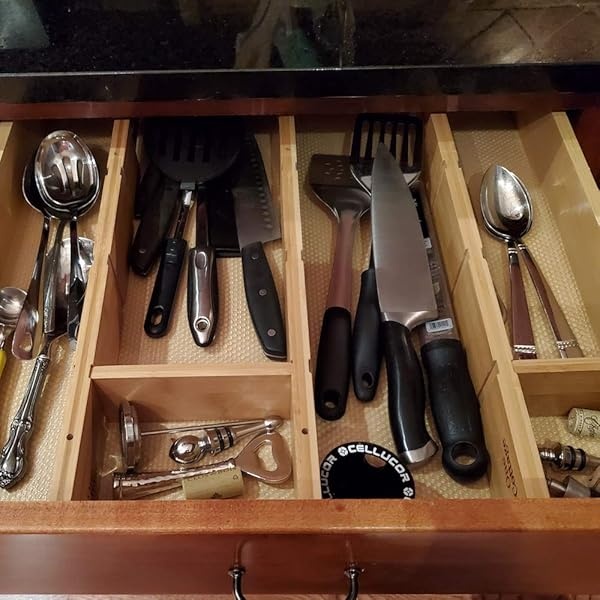 Un juego de organizador de cajones de madera ajustable con 4 piezas adicionales para utensilios de cocina y cubiertos, maquillaje de baño y artículos de cambiador y suministros de computadora de oficina, hace que sea el máximo de su almacenamiento. - Image 10