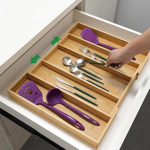 Utoplike - Organizador de cajones de cocina expandible de bambú, soporte ajustable para utensilios y bandeja para cubiertos, divisor de cajones para cubiertos, cubiertos, cuchillos en la cocina, - Image 3
