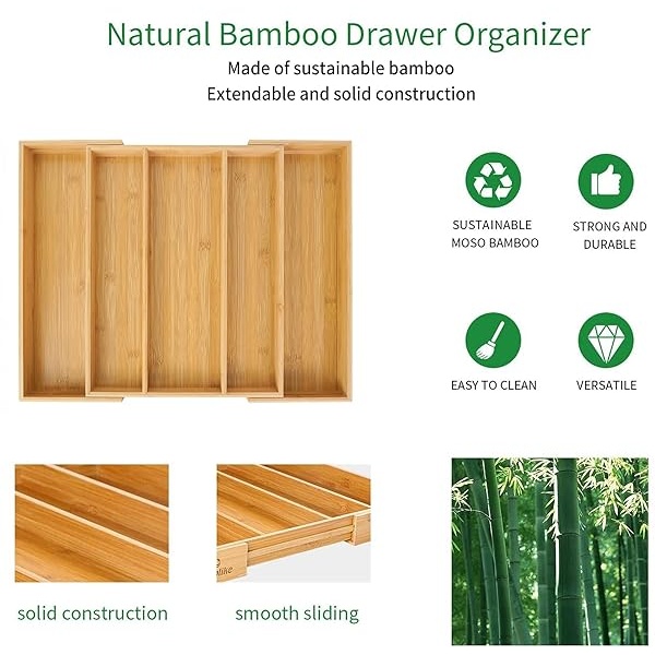 Utoplike - Organizador de cajones de cocina expandible de bambú, soporte ajustable para utensilios y bandeja para cubiertos, divisor de cajones para cubiertos, cubiertos, cuchillos en la cocina, - Image 7