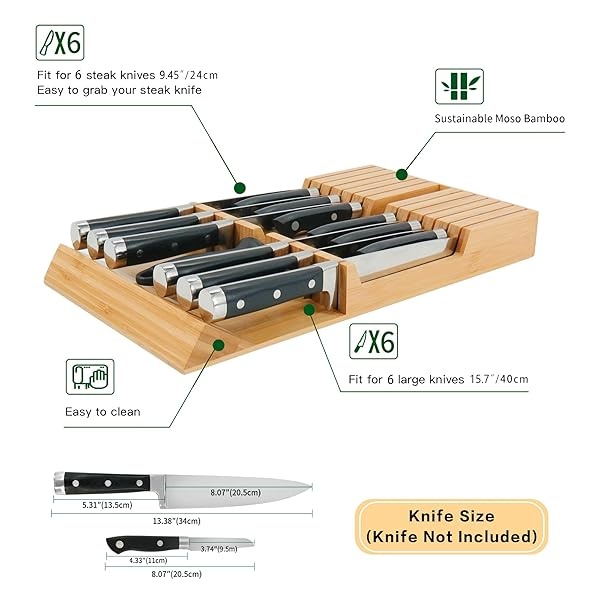 Utoplike - Organizador de cajones para cuchillos de cocina de bambú, con mango grande, sin cuchillos, apto para 12 cuchillos y 1 acero para afilar (no incluido) - Image 4