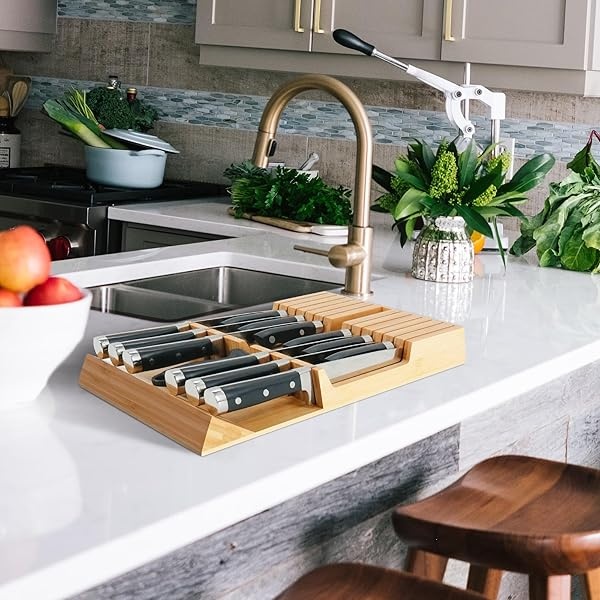 Utoplike - Organizador de cajones para cuchillos de cocina de bambú, con mango grande, sin cuchillos, apto para 12 cuchillos y 1 acero para afilar (no incluido) - Image 7
